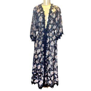 Navy Crochet Lace Trim Floral Maxi Boho Sleeve Indie Kimono Duster